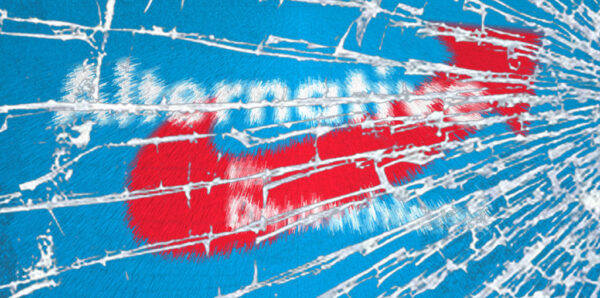 AfD logo hinter zerbrochenem Glas