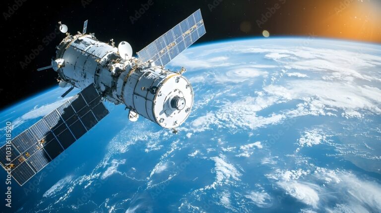 Weltraum mit einer Raumstation, im Hintergrund die Erde.