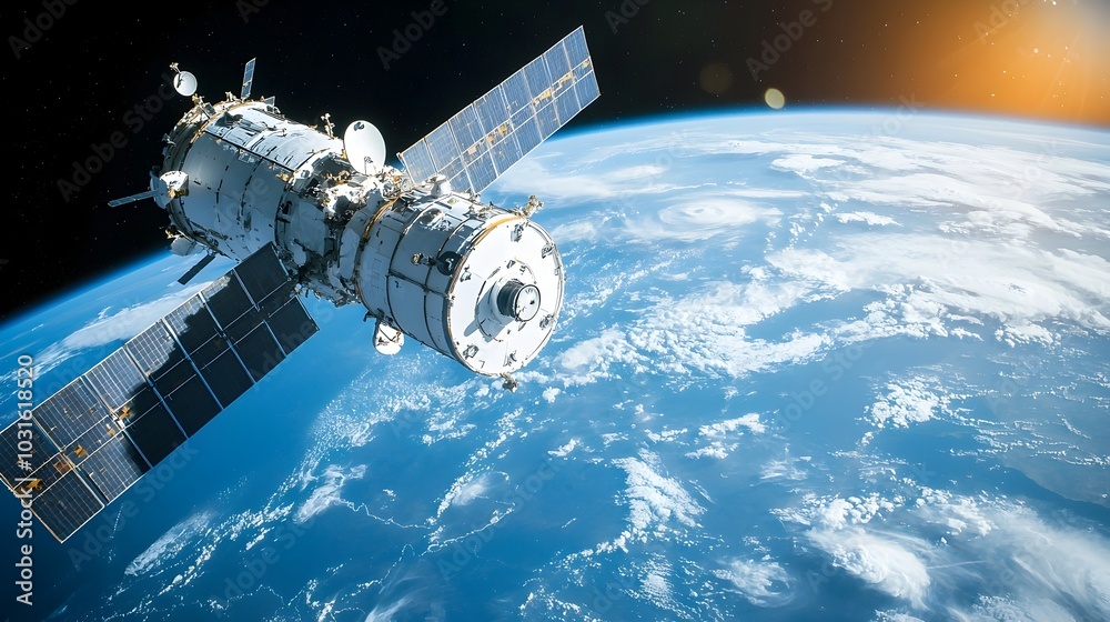 Weltraum mit einer Raumstation, im Hintergrund die Erde.
